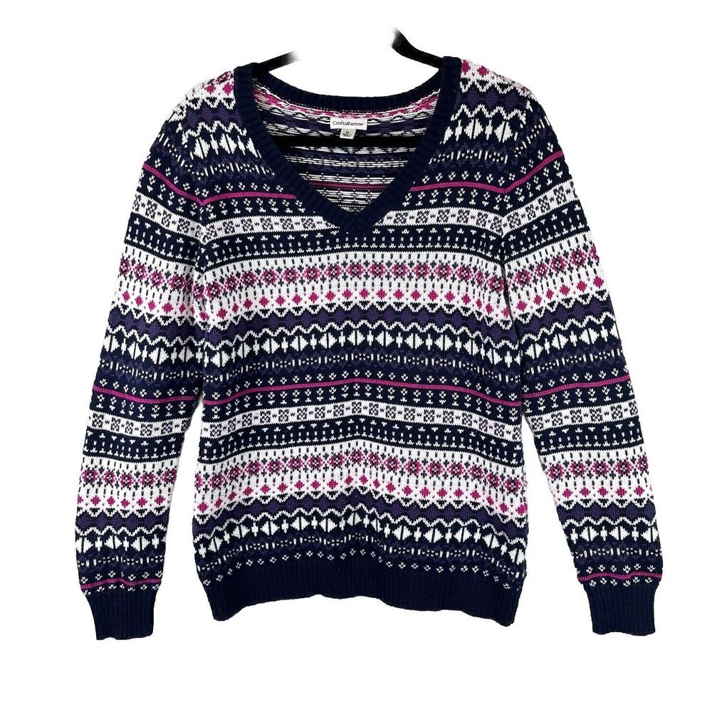 Croft & Barrow V-Neck Cable-Knit Pullover Sweater Nordic Multicolor Women's M